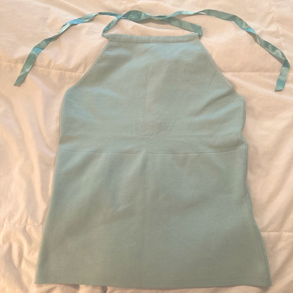 Antonio Melani Silk Halter Sweater w/ Ribbon tie neck Baby Blue Size L  NWT